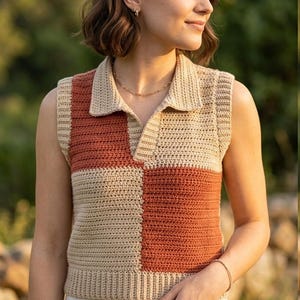 May include: A sleeveless crochet sweater vest featuring a color-blocked pattern of beige and terracotta orange. The garment has a classic polo-style collar, a V-neck opening, and a ribbed hemline, constructed with a consistent horizontal stitch texture.