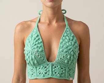 Patrón de top halter de ganchillo en PDF / Patrón de top corto bohemio / Top de festival estilo abuela con videotutorial / Patrón de top bohemio de verano de ganchillo