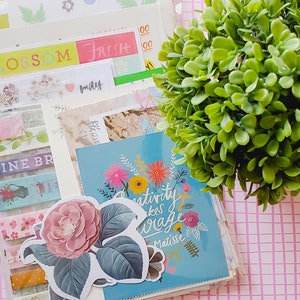 May include: A clear plastic envelope filled with colorful paper, stickers, and washi tape. The envelope is decorated with a floral design and the text "Creativity takes courage Matisse".