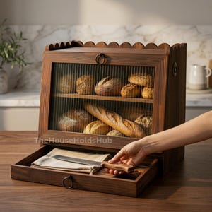 May include: A wooden bread box with a glass front, filled with various types of bread. The box has a scalloped top and a pull-out drawer with a bread knife and a cloth. The text "TheHouseHoldsHub" is visible on the front.