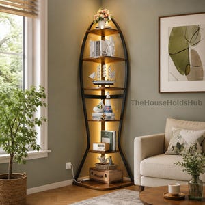 Fish-Inspired 6-Tier Corner Shelf, Organic Modern LED Lighting Storage Unit