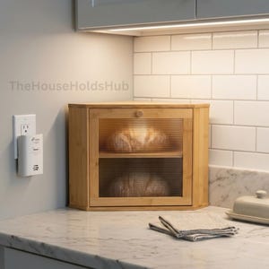 May include: A bamboo bread box with a glass front and two shelves, holding loaves of bread. The box is on a marble countertop, with a white tiled backsplash and a light fixture above. A small linen towel is in front.