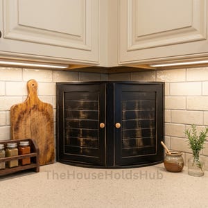 May include: A black corner cabinet with two louvered doors and small round wooden knobs. The cabinet features a distressed finish with visible wood grain texture. The text TheHouseHoldsHub is printed in a light gray font across the front base.