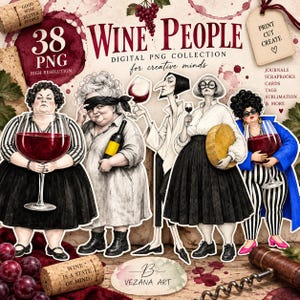 Puede incluir: Una colección digital de 38 ilustraciones PNG titulada Wine People, que muestra cinco personajes diversos con copas de vino, botellas y queso. El conjunto incluye texto relacionado con el vino, corchos y uvas sobre un fondo texturizado.