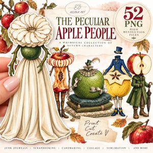 Könnte beinhalten: Eine digitale Sammlung von 52 PNG-Dateien mit dem Titel The Peculiar Apple People, die Illustrationen von anthropomorphen Apfelcharakteren in herbstlicher Kleidung zeigt, darunter eine Figur in einem langen cremefarbenen Kleid.