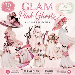 Könnte beinhalten: Eine digitale Clip-Art-Sammlung mit dem Titel GLAM Pink Ghosts, die 30 PNG-Dateien enthält. Die Grafiken zeigen verschiedene Geister in rosa Kleidung, darunter einen mit Blumenhut, einen mit Schere und Maßband, einen mit Lockenwicklern und einen mit Sonnenschirm.