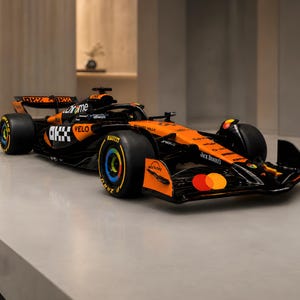 Peut inclure: Une voiture de course de Formule 1 McLaren avec une livrée noire et orange papaye. Le véhicule arbore des logos de sponsors tels qu'OKX, Chrome, Velo, Jack Daniel's et Mastercard. Elle possède des pneus noirs avec des enjoliveurs colorés.