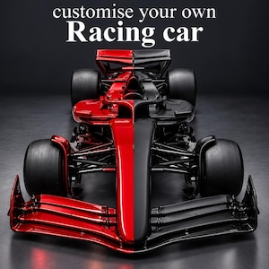Pode incluir: Um carro de corrida dividido ao meio com um acabamento vermelho brilhante no lado esquerdo e um acabamento preto brilhante no lado direito. O texto "customize your own Racing car" é exibido em branco acima do veículo num fundo escuro.