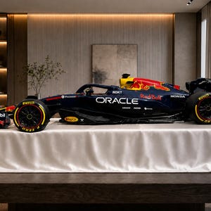Puede incluir: Un modelo a escala de un coche de Fórmula 1 Oracle Red Bull Racing azul oscuro y rojo con logotipos de patrocinadores como Honda, Mobil 1 y Pirelli. El coche se exhibe sobre una superficie cubierta de satén blanco, mostrando detalles.