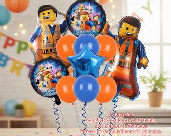Building Block Party Balloon Set, Character Foil Balloons, Star Latex Balloon , Kids Birthday Toy Theme Decor