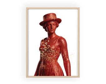 Red Glitter Statue Portrait Poster with Wooden Frame | Modern Wall Art