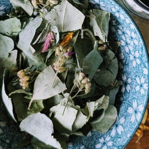 Puede incluir: Un cuenco azul y blanco con estampado floral lleno de hierbas y hojas secas. Las hierbas son una mezcla de verde, amarillo y rosa, con una variedad de formas y texturas de hojas. El cuenco es parcialmente visible, con una superficie de madera en el fondo.