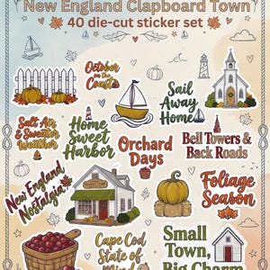 Può includere: Un set di 40 adesivi fustellati intitolato New England Clapboard Town. La collezione presenta illustrazioni di una chiesa bianca, un emporio, una barca a vela, un cesto di mirtilli rossi, zucche e frasi come Orchard Days e Foliage Season.