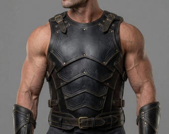 Men’s Black Leather Armor Vest Costume Gladiator Warrior Chest Armor with Arm Bracers Medieval LARP Cosplay Outfit , Halloween Costume