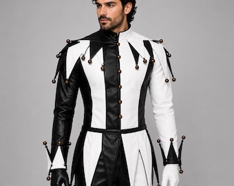 Leather Jester Costume for Men – White and Black Genuine Leather Renaissance Outfit, Halloween Cosplay