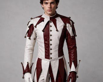 Handmade Red White Leather Jester Costume, Medieval Court Harlequin Cosplay Outfit