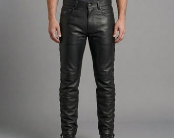Men’s Black Leather Pants Lace Up Side  Genuine Leather Biker Motorcycle Trousers Handmade Leather Jeans  Gothic Rock Pants