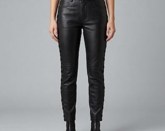 Women’s Black Leather Pants Lace Up Side | Genuine Leather Trousers | Biker Motorcycle Leather Pants | Gothic Punk Leather Leggings
