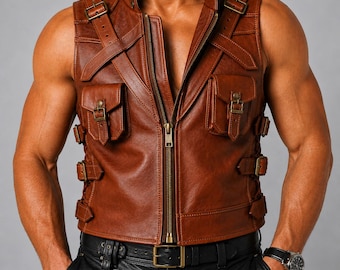 Mens Brown Genuine Leather Vest Handmade Motorcycle Biker Vest Vintage Western Leather Waistcoat  Steampunk Utility Vest