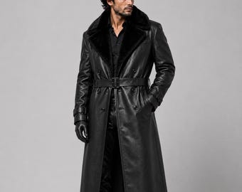 Men's Black Leather Fur Collar Coat | Long Leather Trench Coat | Shearling Style Winter Overcoat | Belted Gothic Biker Jacket