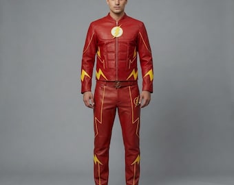 Fantasia masculina do Flash, o Relâmpago Vermelho | Conjunto de traje inspirado no Flash para cosplay | Jaqueta e calça com aparência de couro | Fantasia para Comic Con e Halloween