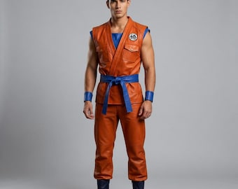 Men’s Orange Anime Martial Arts Costume | Goku Inspired Cosplay Outfit Set | Leather Look Gi Suit with Blue Belt Comic Con Halloween Costume