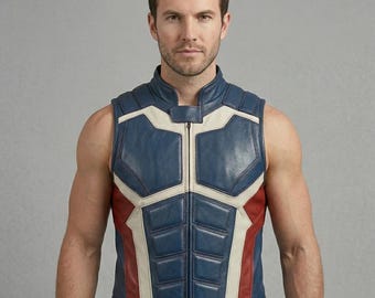 Colete de couro azul masculino, fantasia de super-herói inspirada no Capitão América, colete tático para cosplay | Jaqueta sem mangas estilo motociclista, roupa perfeita para Comic Con e Halloween
