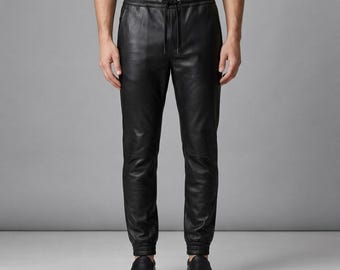 Men’s Black Leather Jogger Pants Genuine Leather Sweatpants Elastic Waist  Streetwear Biker Leather Pants Handmade Leather Joggers