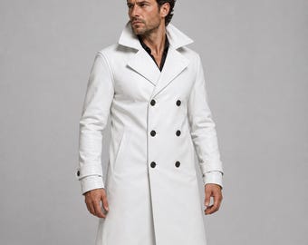 White Leather Coat for Men, Double Breasted Leather Trench Coat, Long Winter Jacket, Classic Formal Outerwear, Genuine Leather Coat
