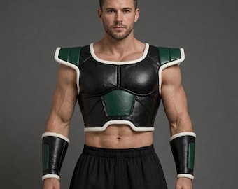 Men’s Black & Green Armor Vest Costume |Saiyan Battle Inspired Chest Armor Cosplay Warrior Outfit Top | Anime Combat Costume Halloween Armor