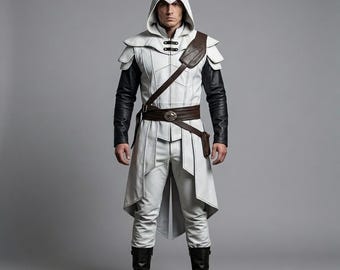Men’s White Hooded Assassin Costume | Medieval Warrior Cosplay Outfit | Gothic Long Coat with Belt | Fantasy LARP Costume | Halloween Outfit