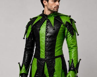 Green Black Leather Jester Costume | Handmade Medieval Cosplay Outfit, Renaissance Faire