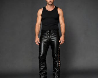 Men’s Black Leather Lace-Up Pants Handmade Sheepskin Leather Trousers, Gothic Biker Pants, Slim Fit Punk Style, Side Lace Detail, Custom Fit