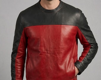 Men’s Red & Black Leather Sweatshirt Genuine Leather Pullover Slim Fit Leather Jacket Men Streetwear Leather Top Handmade Fashion Sweatshirt