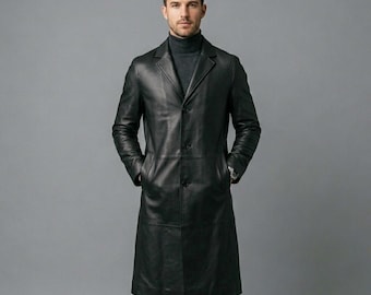Men’s Genuine Black Leather Long Coat – Premium Handmade Leather Overcoat for Men – Classic Slim Fit Trench Coat –Luxury Leather coat