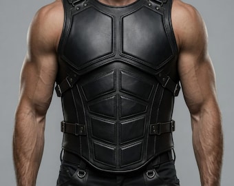 Schwarzes taktisches Rüstungskostüm für Herren | Weste & Hose im Leder-Look Set | Superheld Krieger Cosplay Outfit | Halloween-Kostüm im Biker-Stil