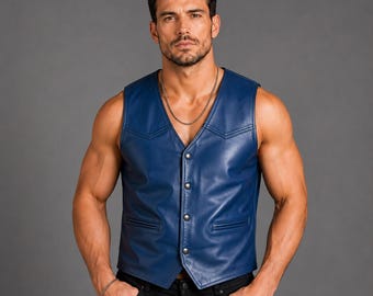 Men's Blue Leather Vest Sleeveless Biker Vest for Men | Motorcycle Waistcoat | Vintage Western Style Vest Casual Rocker Fashion Gift for Him