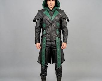 Men’s Green Hooded Leather Coat | Medieval Assassin Cosplay Costume | Gothic Long Trench Jacket | Fantasy Warrior Outfit | Halloween Costume