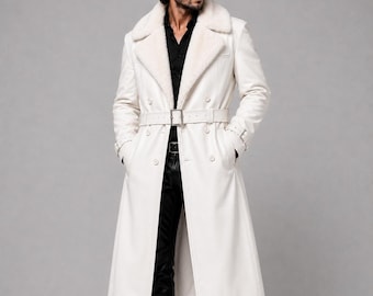 White Leather Fur Collar Coat for Men, Genuine Leather Trench Coat, Shearling Collar Long Coat, Winter Leather Overcoat, Belted Coat