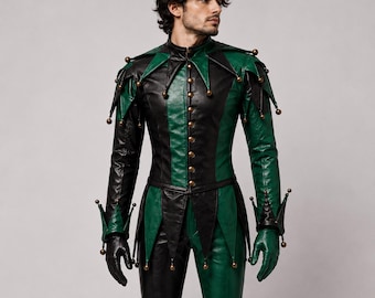 Handmade Leather Jester Costume, Green Black Harlequin Medieval Cosplay Outfit