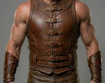 Wikinger-Panzerweste aus braunem Leder für Herren | Mittelalterlicher Krieger Brustpanzer mit Schnallen & Armschienen | LARP Cosplay Kostüm | Renaissance-Outfit