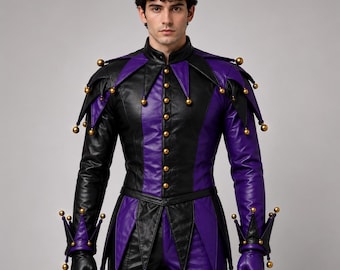 Handmade Purple Black Leather Jester Costume, Harlequin Cosplay Outfit, Renaissance Faire LARP