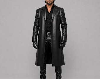 Men's Black Leather Trench Coat, Long Leather Overcoat, Classic Formal Coat, Gothic Biker Style Outerwear, Handmade Leather Coat