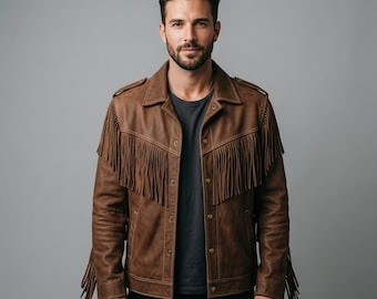 Men’s Brown Fringe Leather Jacket – Western Cowboy Style Suede Jacket, Handmade Vintage Tassel Coat, Biker Leather Jacket for Men