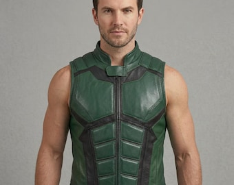 Men’s Green Leather Tactical Vest | Superhero Inspired Cosplay Vest | Sleeveless Biker Jacket | Armored Style Costume Vest Comic Con Outfit