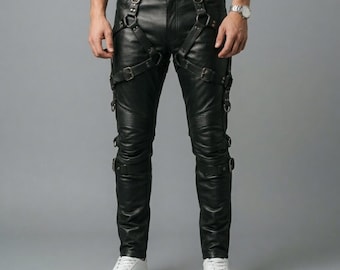 Men’s Black Leather Pants with Harness Straps Genuine Leather Biker Motorcycle Trousers | Punk Gothic Leather Pants Handmade Leather Jeans