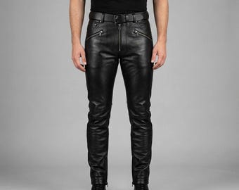Men’s Black Leather Pants with Zipper Pockets Genuine Leather Biker Motorcycle Trousers Slim Fit Leather Jeans Punk Gothic Leather Pants