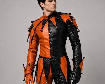 Genuine Leather Jester Costume | Orange Black Court Jester Cosplay Outfit