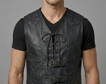 Men’s Black Leather Vest Lace Up Front | Genuine Leather Biker Vest Gothic Punk Leather Waistcoat | Handmade Leather Armor Vest Custom Size