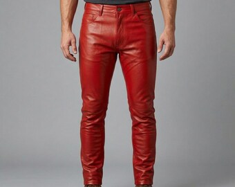 Men’s Red Leather Pants Genuine Leather Trousers | Slim Fit Leather Jeans | Biker Motorcycle Leather Pants | Handmade Leather Pants for Men
